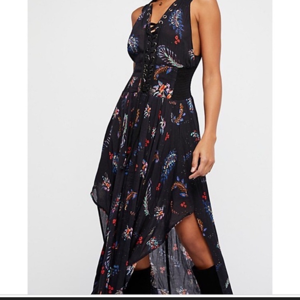 Free People Black Floral High Low Dress with corset ties in front